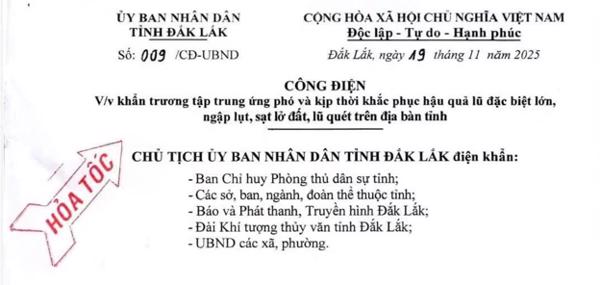 Công điện V/v khẩn trương tập trung ứng phó và kịp thời khắc phục hậu quả lụt đặc biệt lớn, ngập lụt, sạt lở đất, lũ quét trên địa bàn tỉnh