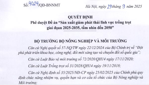 Quyết định; Phê duyệt Đề án "sản xuất giảm phát thải lĩnh vực trồng trọt giai đoạn 2025-2030, tầm nhìn đến 2050"