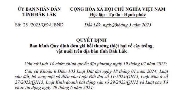 QUYẾT ĐỊNH: Ban hành Quy định đơn giá bồi thường thiệt hại về cây trồng, vật nuôi trên địa bàn tỉnh Đắk Lắk