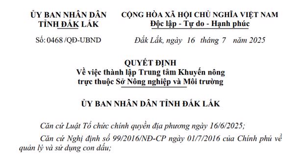 QUYẾT ĐỊNH: Về việc thành lập Trung tâm Khuyến nông trực thuộc Sở Nông nghiệp và Môi trường