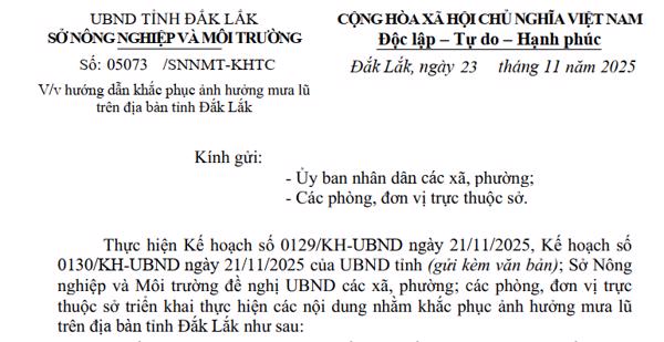 Công văn:  Về việc hướng dẫn khắc phục ảnh hưởng mưa lũ trên địa bàn tỉnh Đắk Lắk