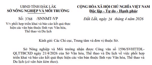 Công văn:  Về việc phối hợp triển khai và báo cáo kết quả thực hiện các văn bản thuộc lĩnh vực Văn hóa, Thể thao và Du lịch
