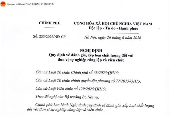 Nghị định Quy định về đánh giá, xếp loại chất lượng đối với đơn vị sự nghiệp công lập và viên chức