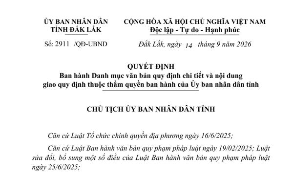 QUYẾT ĐỊNH Ban hành Danh mục văn bản quy định chi tiết và nội dung  giao quy định thuộc thẩm quyền ban hành của Ủy ban nhân dân tỉnh