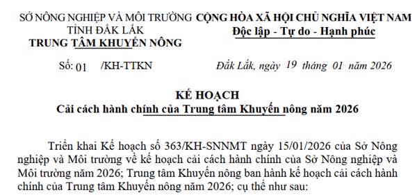 KẾ HOẠCH: Cải cách hành chính của Trung tâm Khuyến nông năm 2026