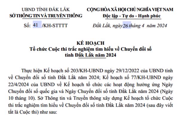 KẾ HOẠCH:  Tổ chức Cuộc thi trắc nghiệm tìm hiểu về Chuyển đổi số  tỉnh Đắk Lắk năm 2024