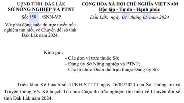 CÔNG VĂN: Về việc phát động cuộc thi trực tuyến trắc nghiệm tìm hiểu về Chuyển đổi số tỉnh Đắk Lắk năm 2024. 