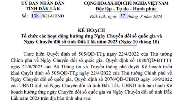 KẾ HOẠCH: Tổ chức các hoạt động hưởng ứng Ngày Chuyển đổi số quốc gia và Ngày Chuyển đổi số tỉnh Đắk Lắk năm 2023 (Ngày 10 tháng 10)